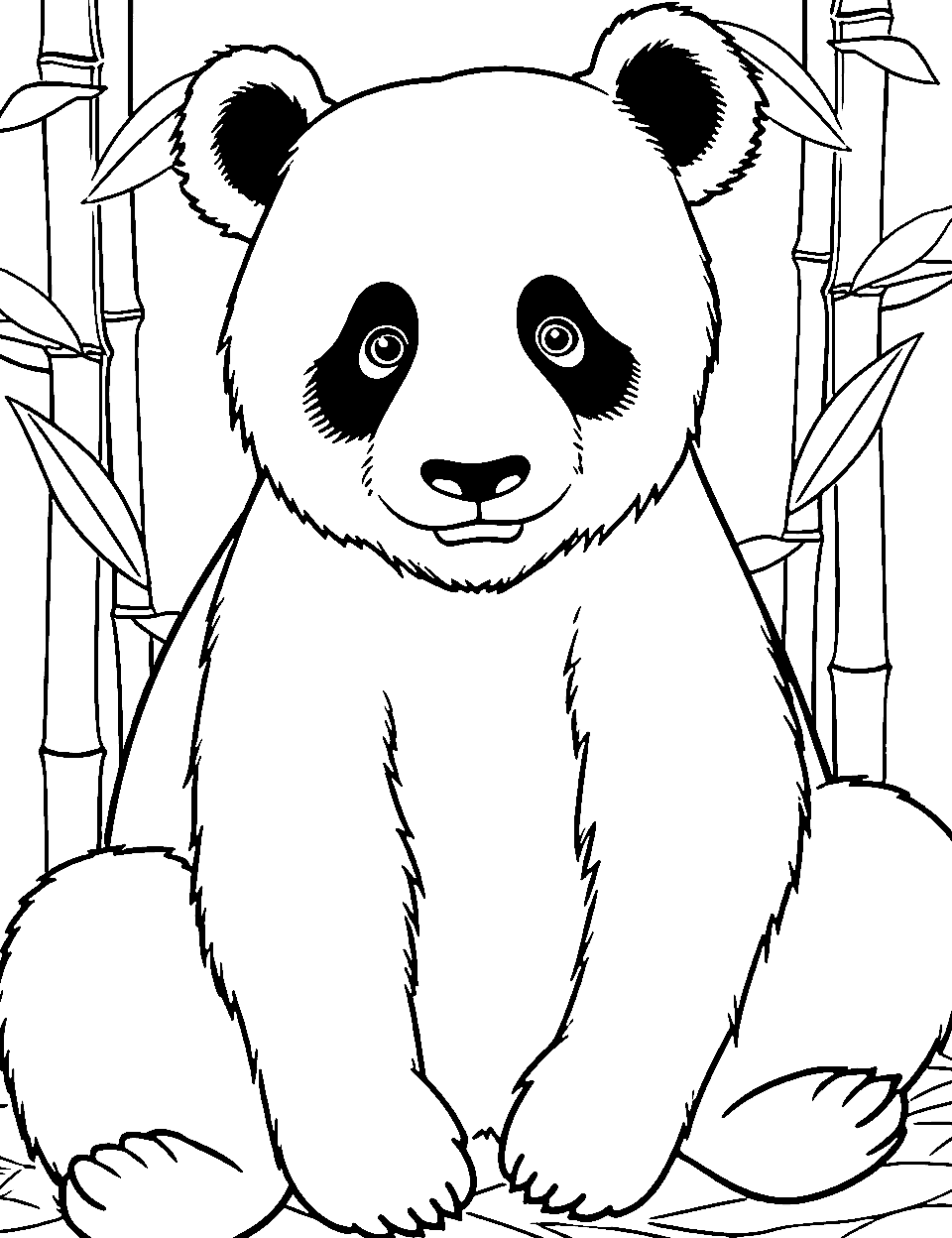 Panda and Bamboo Forest Coloring Page - A panda peacefully sitting amidst a sparse bamboo forest.
