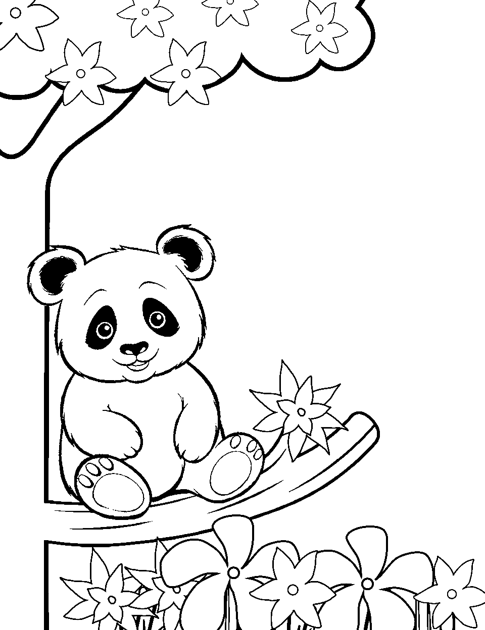 Young Panda and Spring Blossoms Coloring Page - A young panda enjoying the view sitting on a tree of spring blossoms.