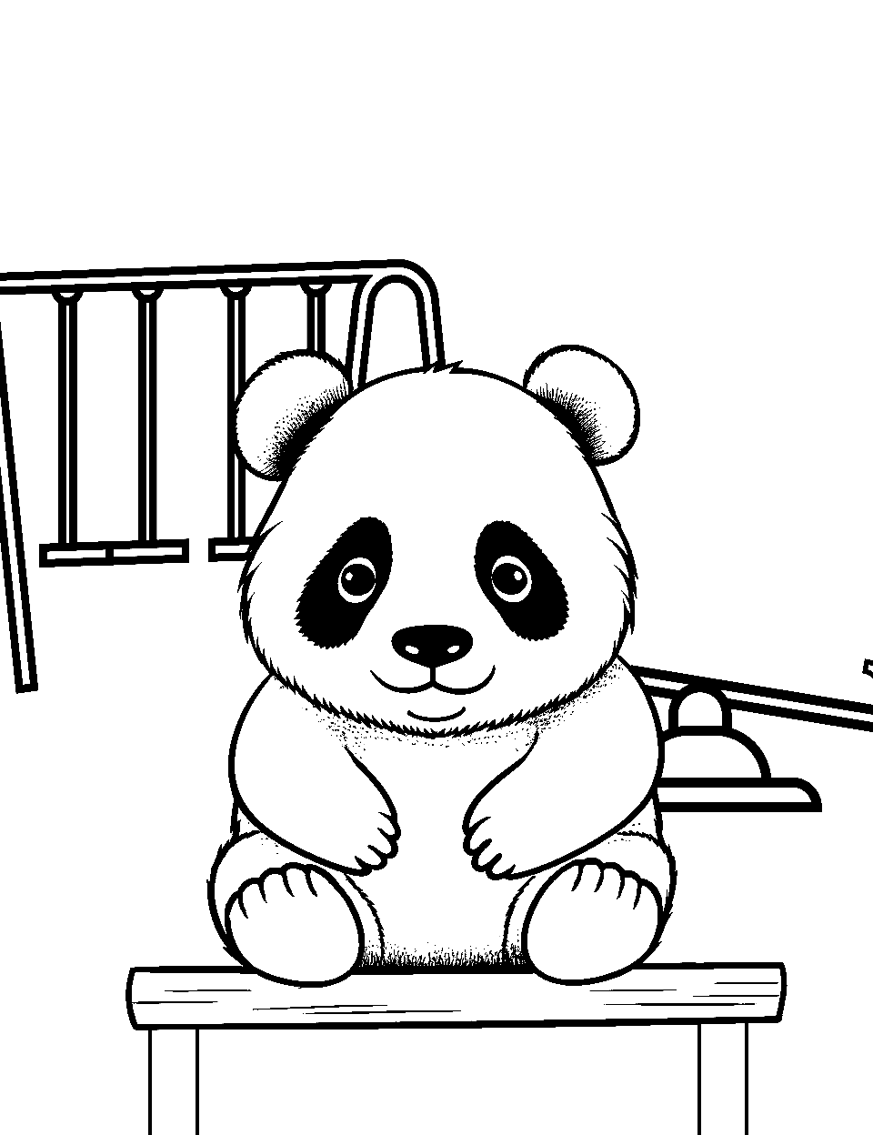 Panda on a Bench Coloring Page - A joyful panda sitting on a bench in a clear playground setting.