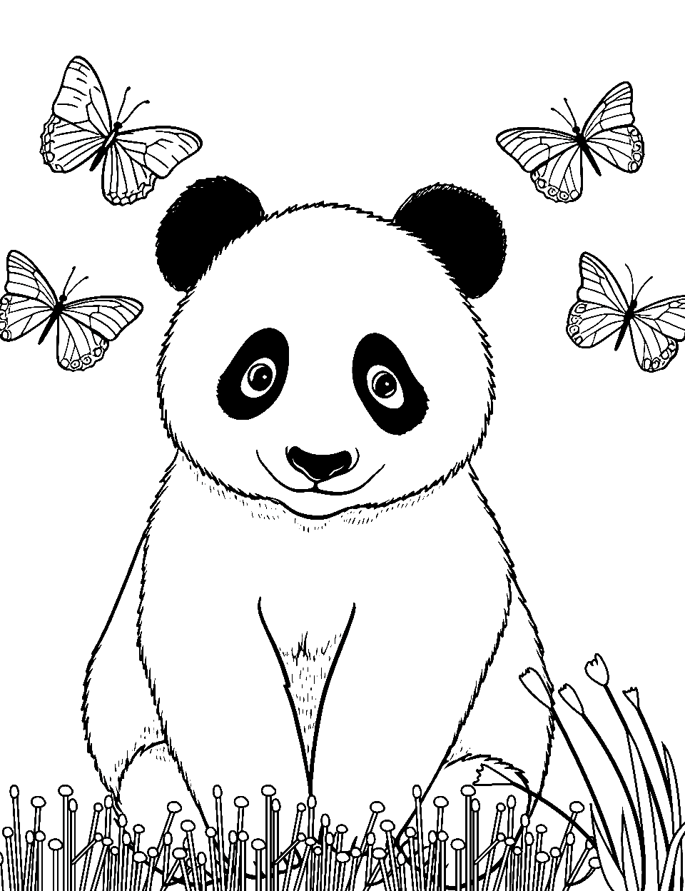 Panda and a Butterfly Coloring Page - A curious panda is playing amongst butterflies and gentle foliage.