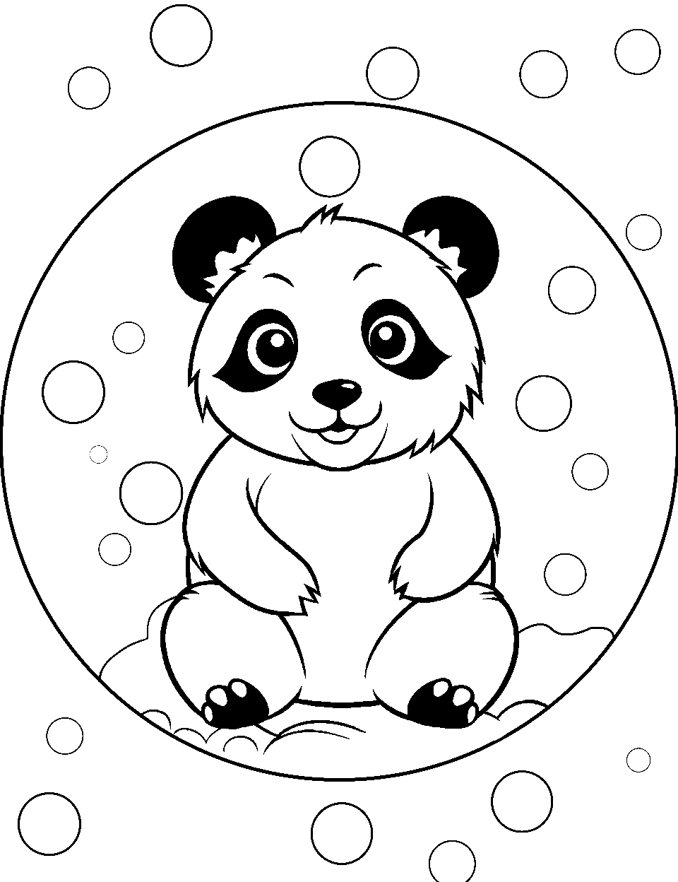 Panda in a Bubble Coloring Page - A playful panda is floating inside a transparent bubble with wide-eyed wonder.