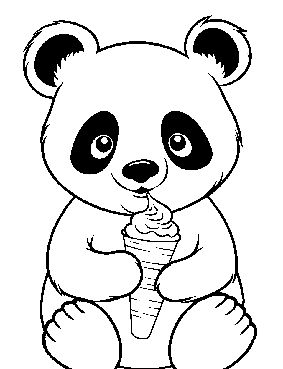 Summer Panda with Ice Cream Coloring Page - A panda enjoying an ice cream cone on a warm day.