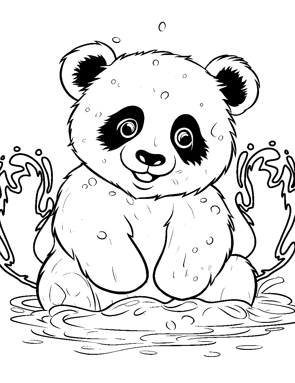 Playful Water Panda Coloring Page - A panda is splashing with delight in a small puddle of water.