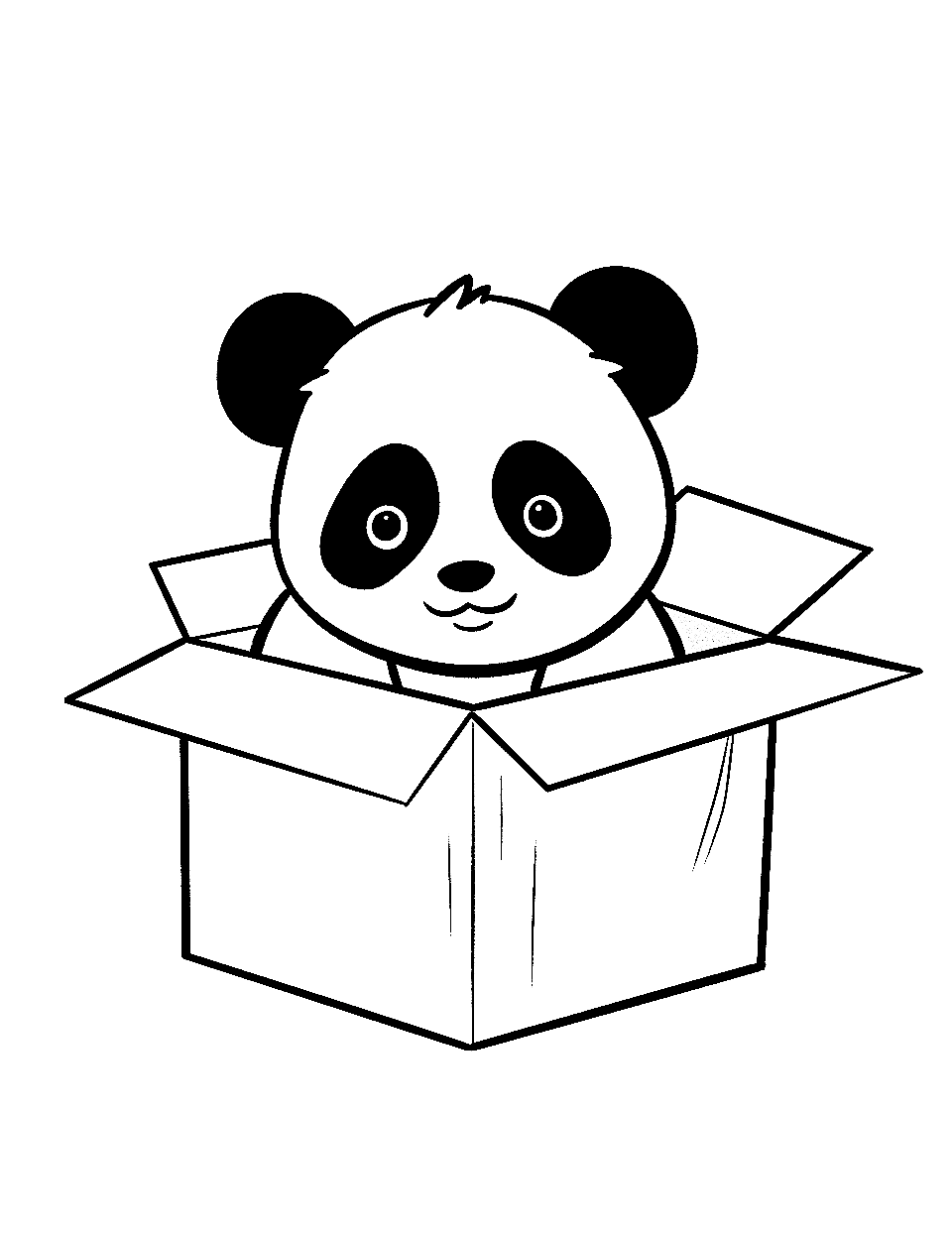 Panda in a Box Coloring Page - A surprised-looking panda is sitting inside a slightly too-small cardboard box.