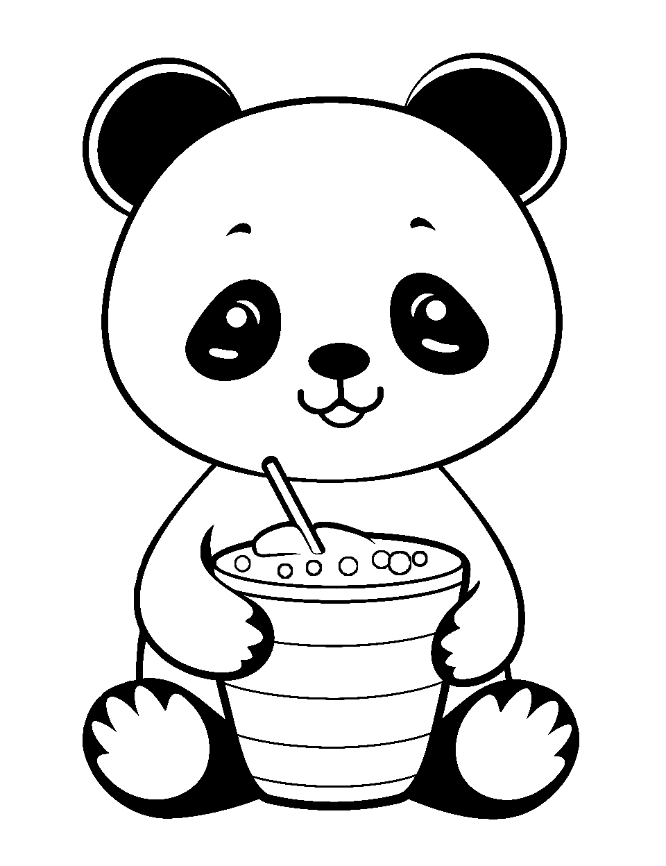 Kawaii Panda and Bubble Tea Coloring Page - A kawaii panda is holding a large cup of bubble tea.