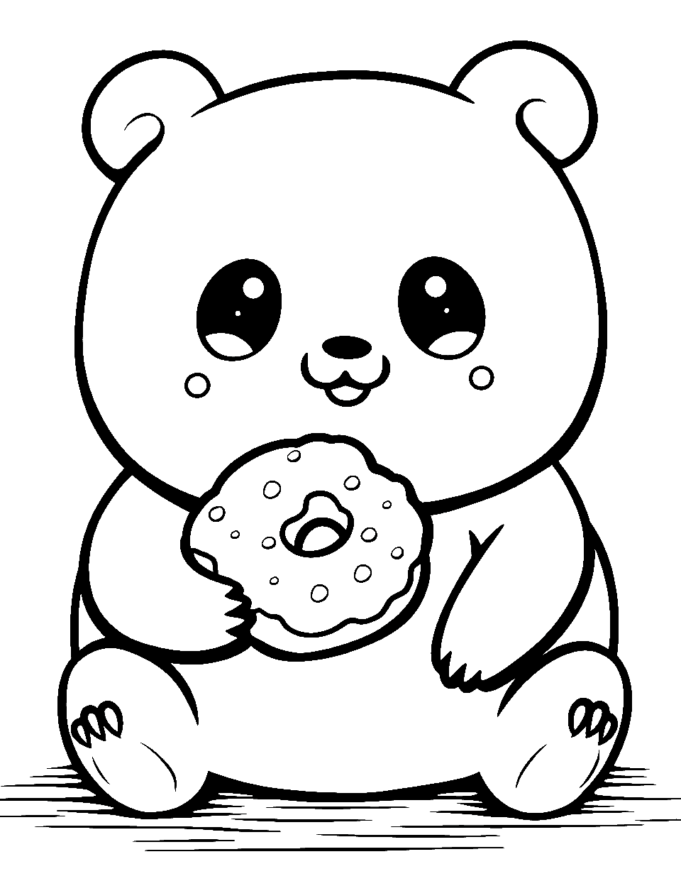 Chibi Panda Eating Donut Coloring Page - A chibi-style panda joyfully holding a large, sprinkled donut.