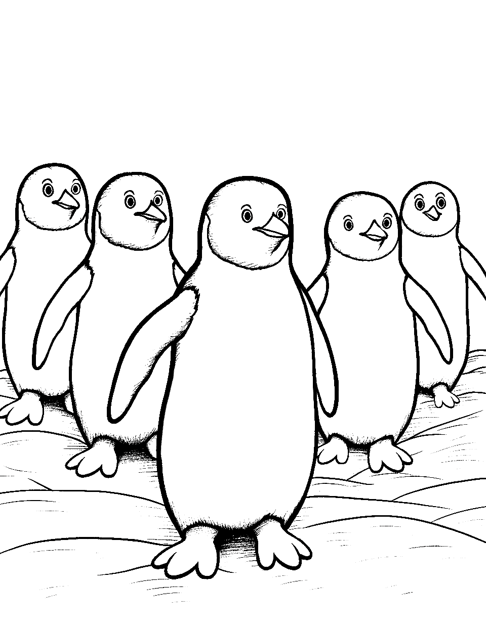 Small Penguin Parade Coloring Page - A group of small penguins marching across the ice.