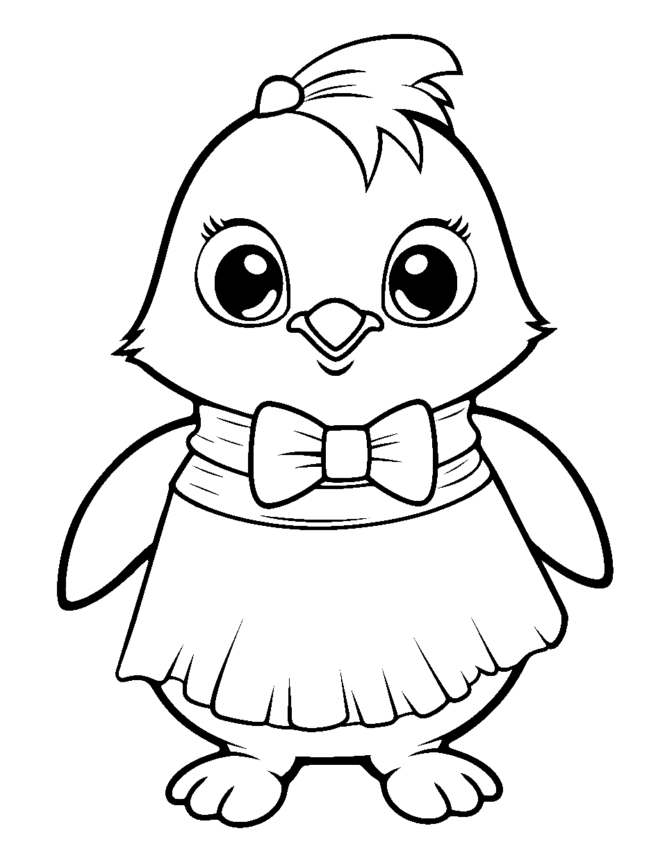 Girl Penguin in Dress Coloring Page - A female penguin wearing a cute skirt and bow.