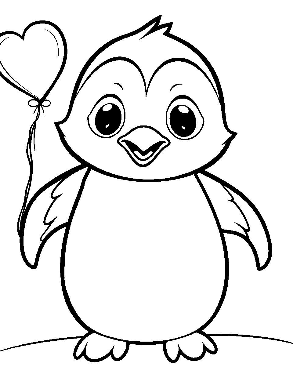 Valentine's Day Penguin Coloring Page - A penguin holding a heart-shaped balloon with love in its eyes.