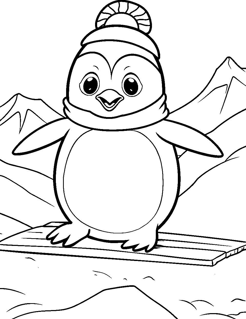 Fun Penguin Slide Coloring Page - A penguin sliding on an icy slope.