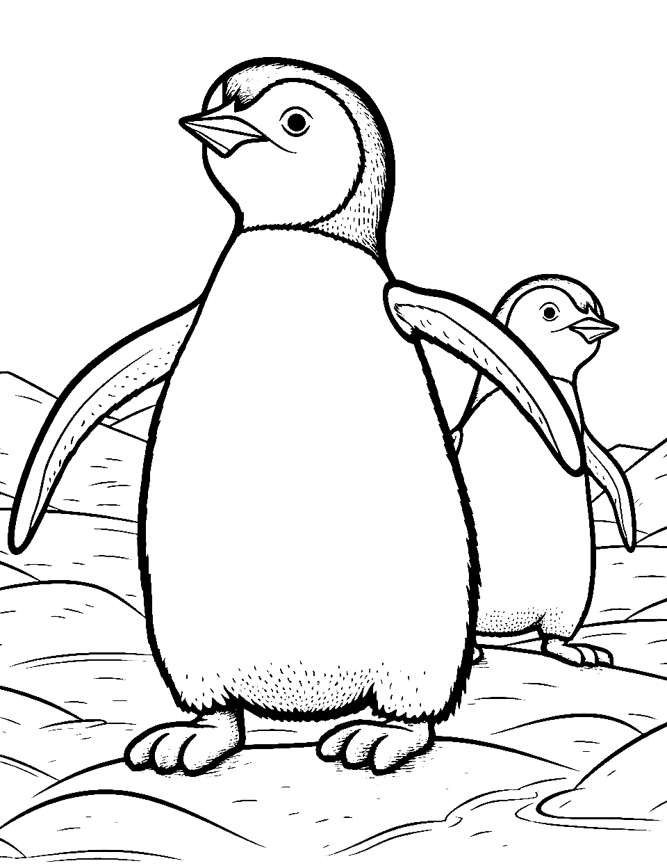 Penguins Hunting Penguin Coloring Page - Two penguins looking around for food.