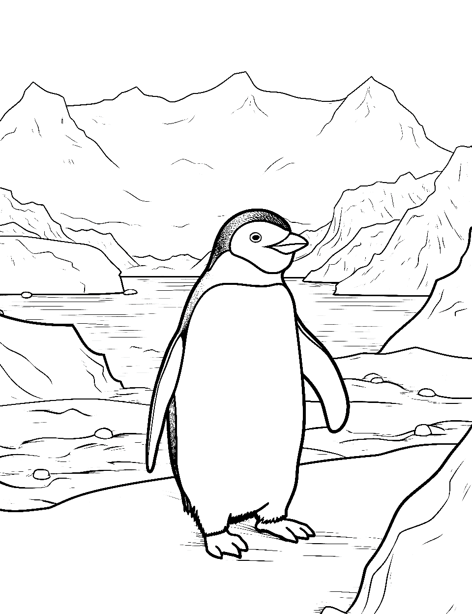 Antarctica Expedition Coloring Page - A penguin near an iceberg, with the vast Antarctic landscape behind.