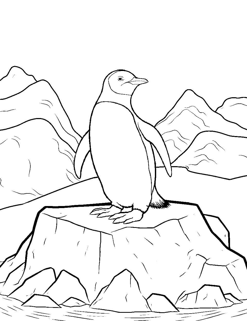 Iceberg Lookout Coloring Page - A penguin perched atop a small iceberg, scanning the horizon.