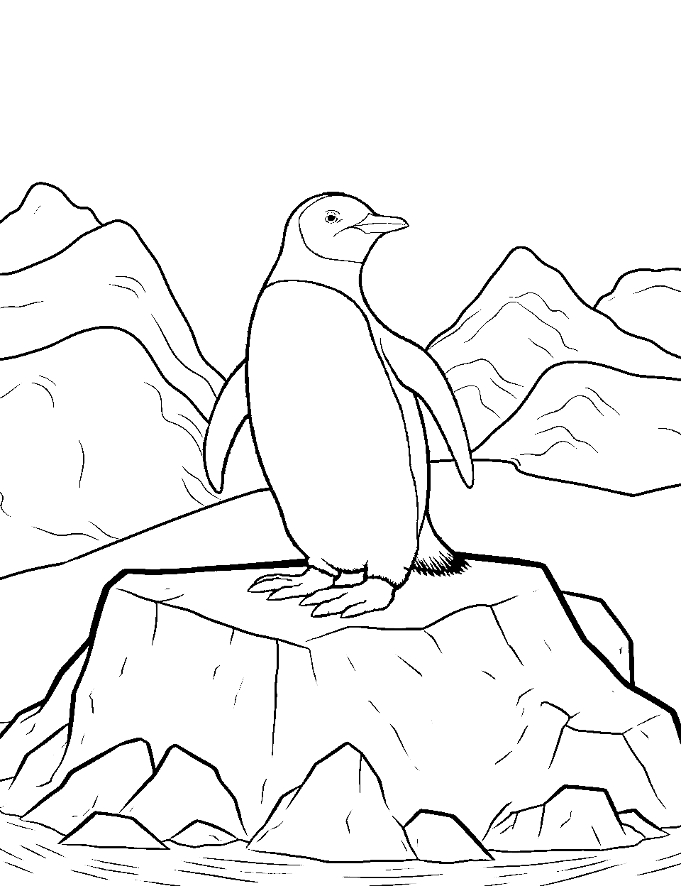 Iceberg Lookout Penguin Coloring Page - A penguin perched atop a small iceberg, scanning the horizon.