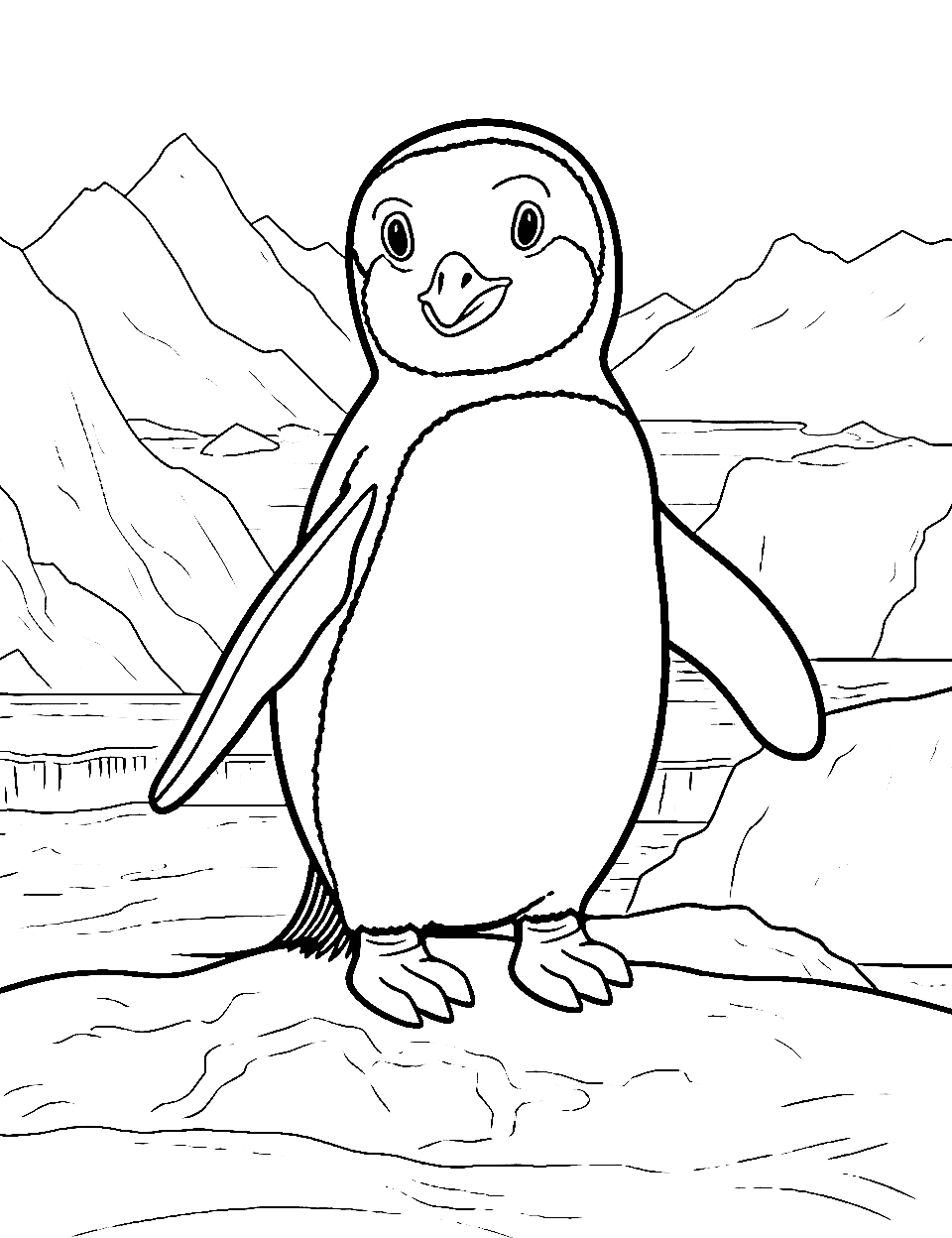 Penguin on Glacier Coloring Page - A solitary penguin on a glacier with a serene backdrop.