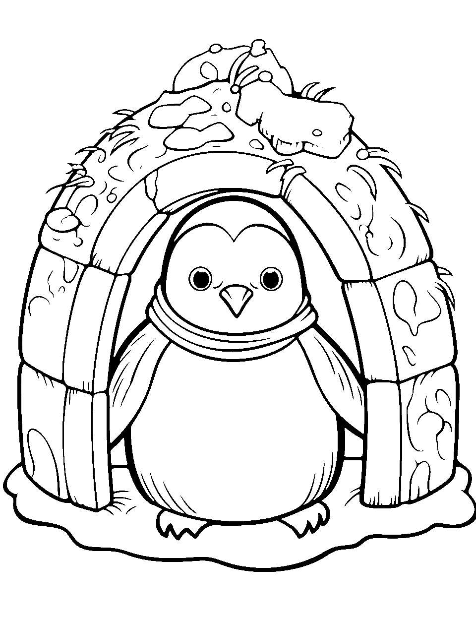 Penguin's Cozy Igloo Penguin Coloring Page - A penguin peeking out of a small ice igloo.