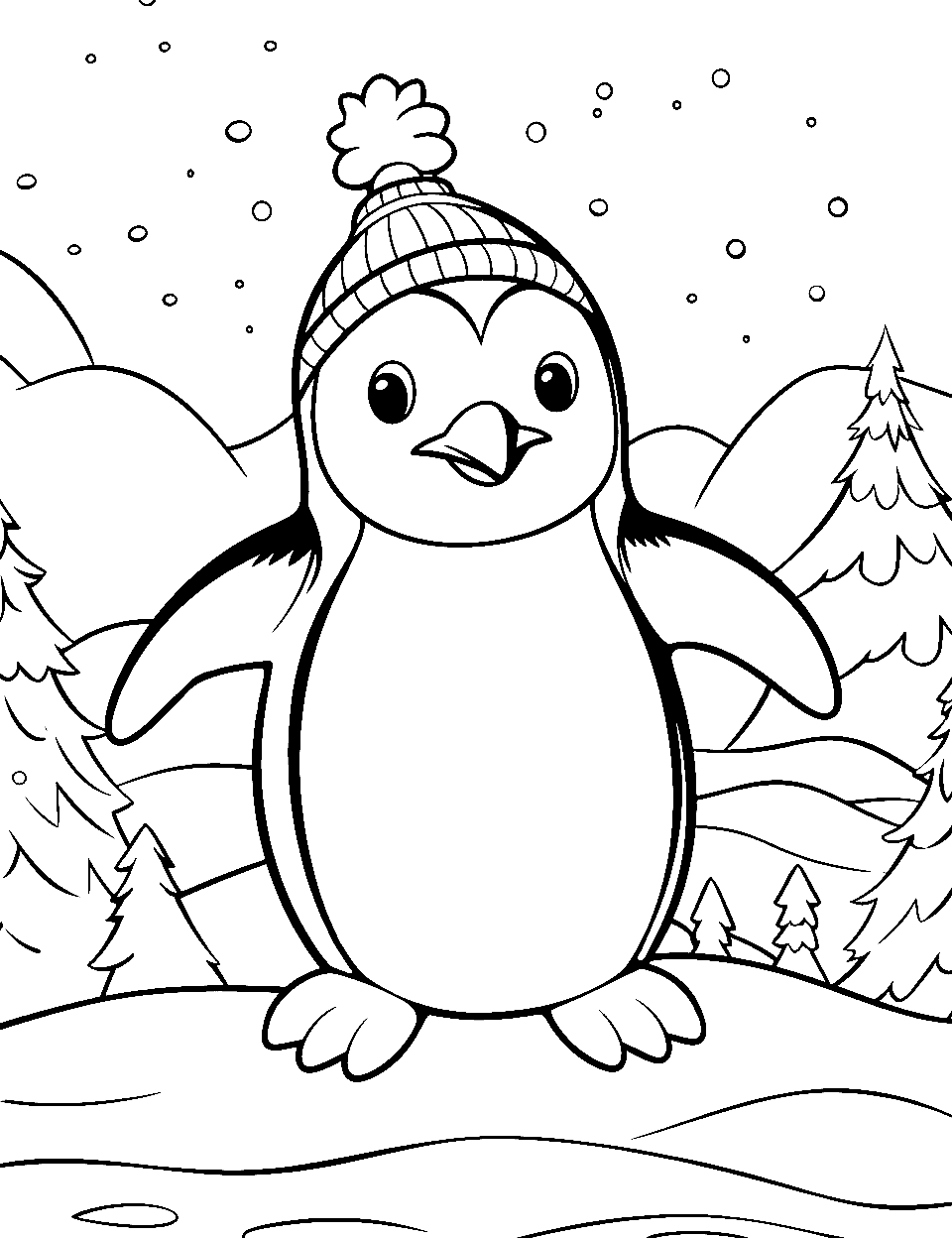 Winter Wonderland Coloring Page - A penguin amidst falling snowflakes, enjoying the winter chill.