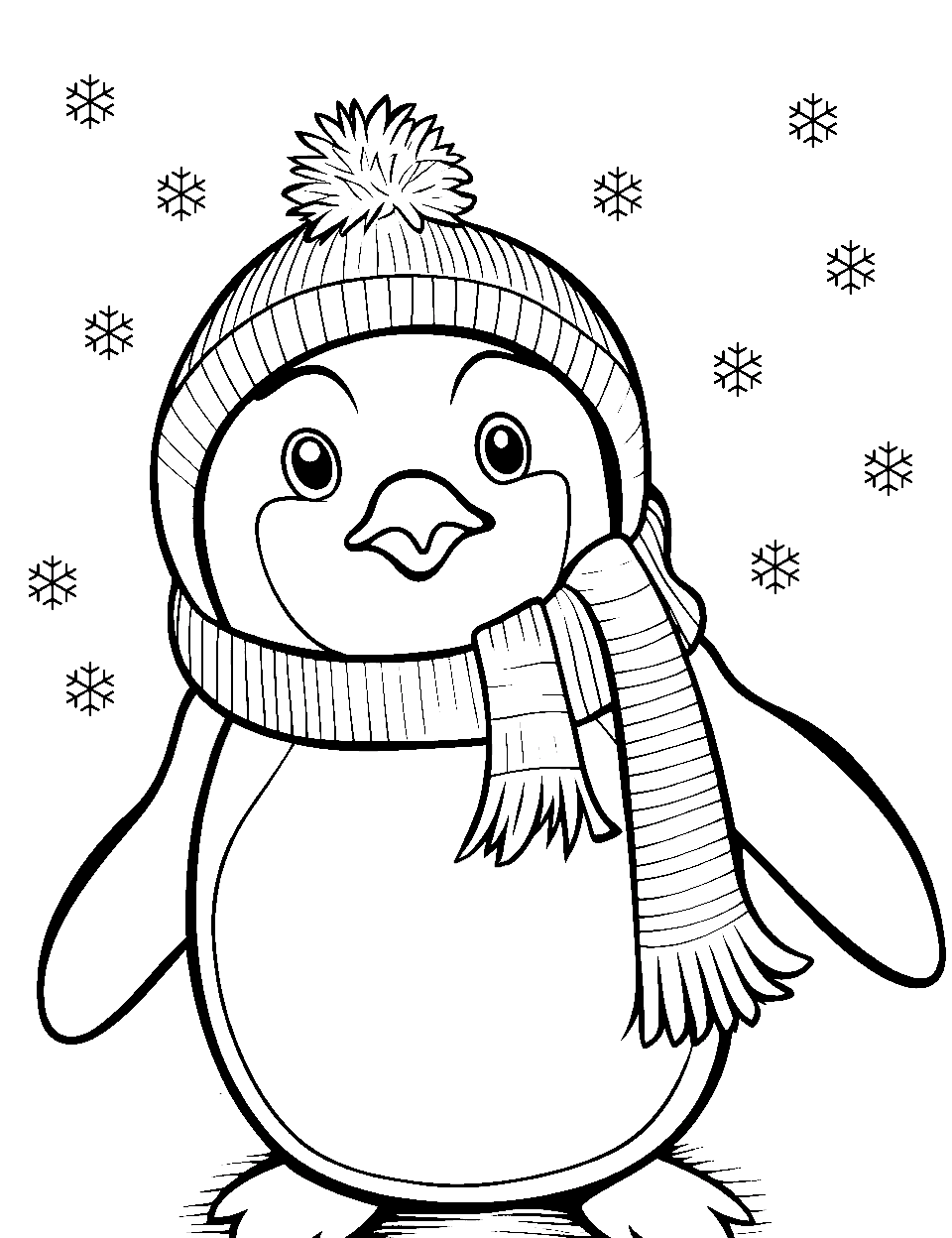 Penguin Chilling Coloring Page - A penguin wearing a scarf and a hat outside on a chilly day.