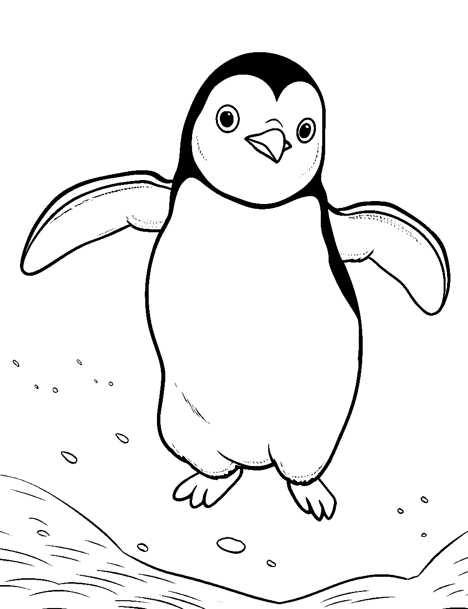 Jumping Penguin Joy Coloring Page - A penguin in mid-air, flapping its flippers in joy.