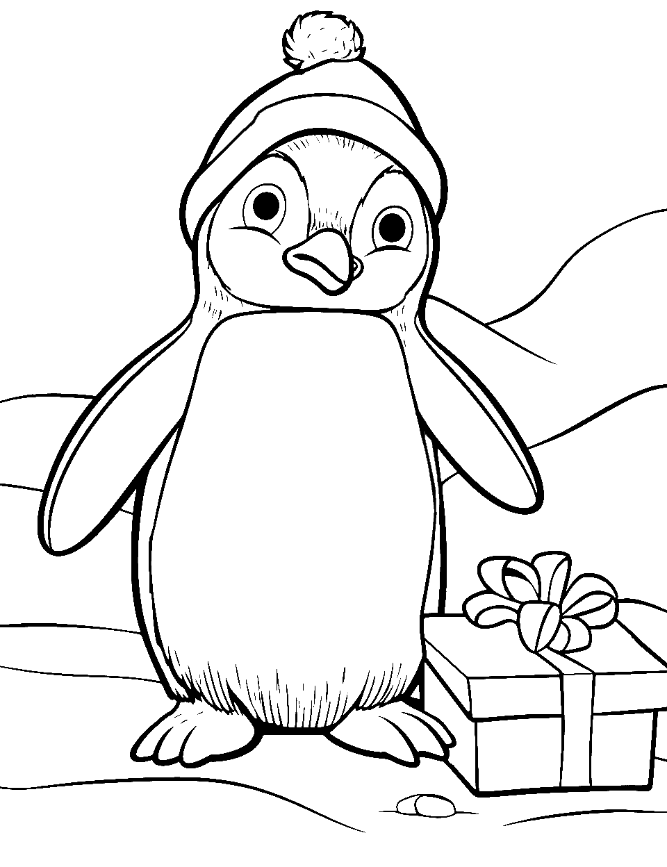 Gift-Giving Penguin Coloring Page - A penguin offering a wrapped gift.