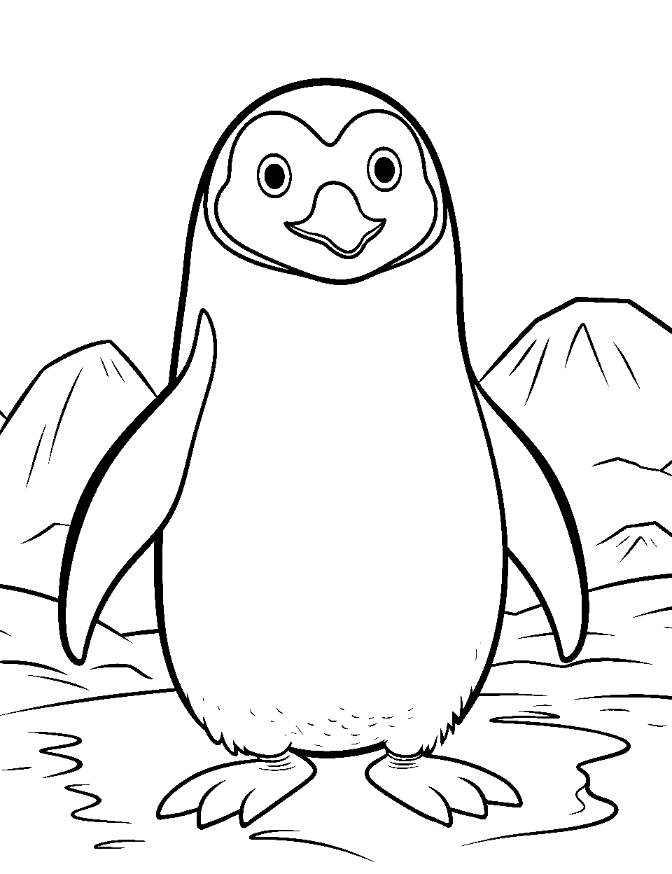 Penguin's Frosty Morning Coloring Page - A penguin waking up to a frost-covered ground.