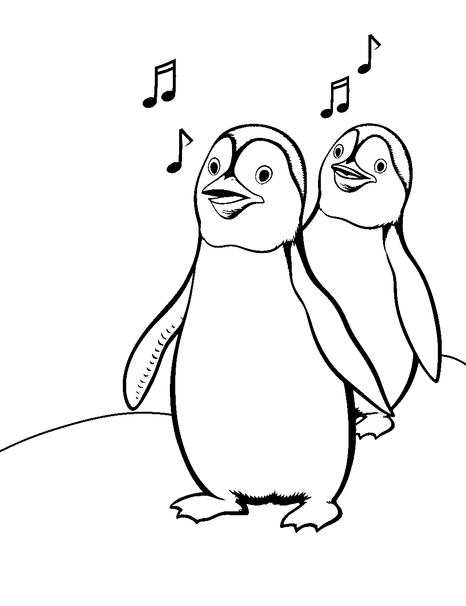 Singing Penguin Group Coloring Page - A group of penguins harmonizing, singing a chilly tune.