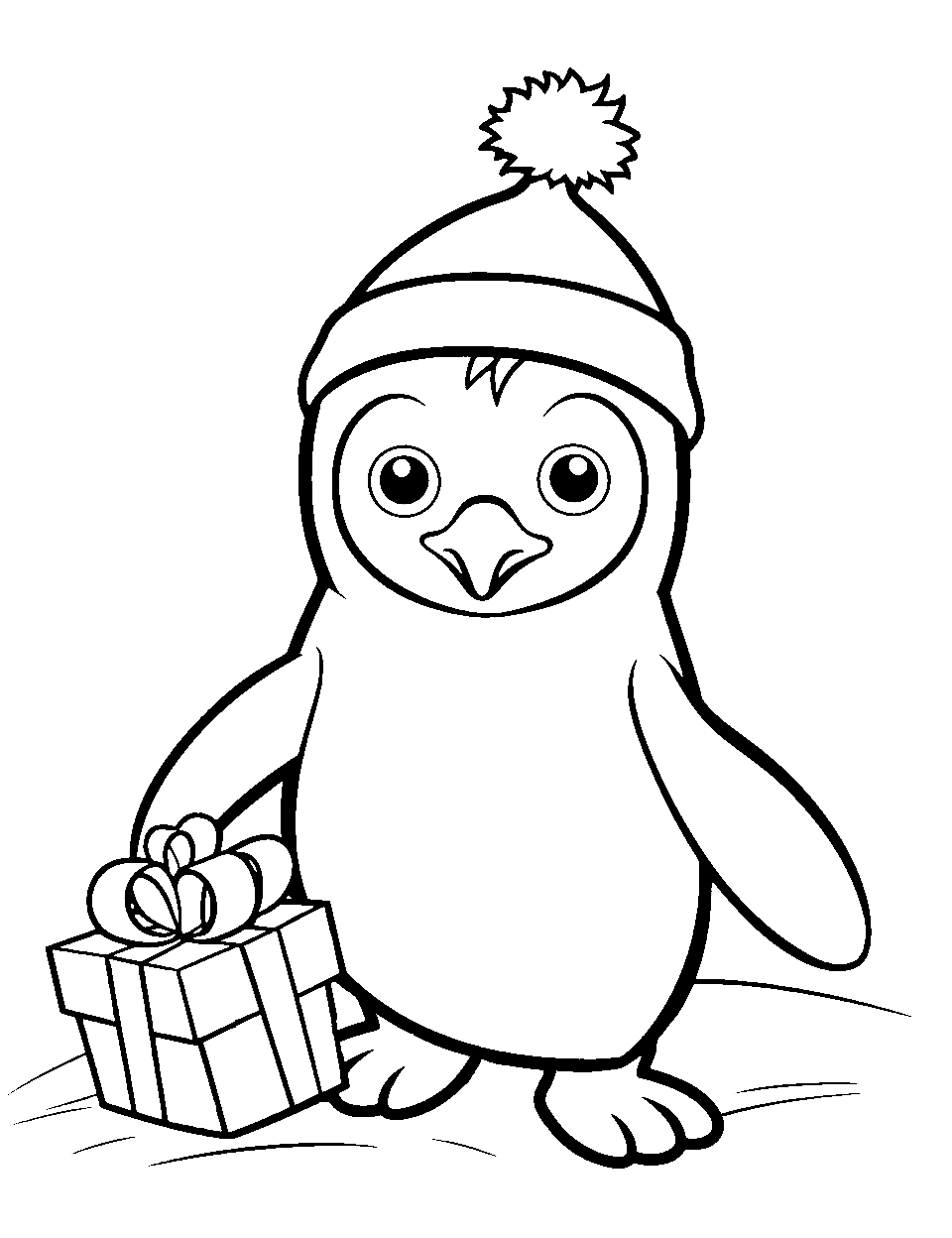 Christmas Penguin Party Coloring Page - A penguin wearing a Santa hat and carrying a wrapped present ready to celebrate Christmas.