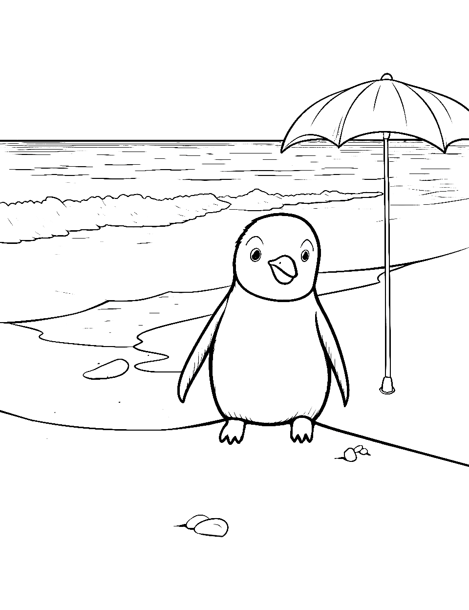 Penguin's Beach Day Penguin Coloring Page - A penguin enjoying a rare warm day on a sandy beach.