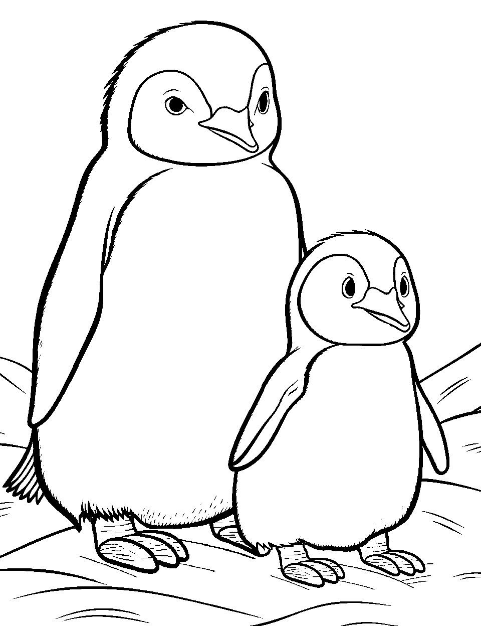 Mother and Baby Penguin Coloring Page - A caring mother penguin and a baby penguin on a snowy patch.