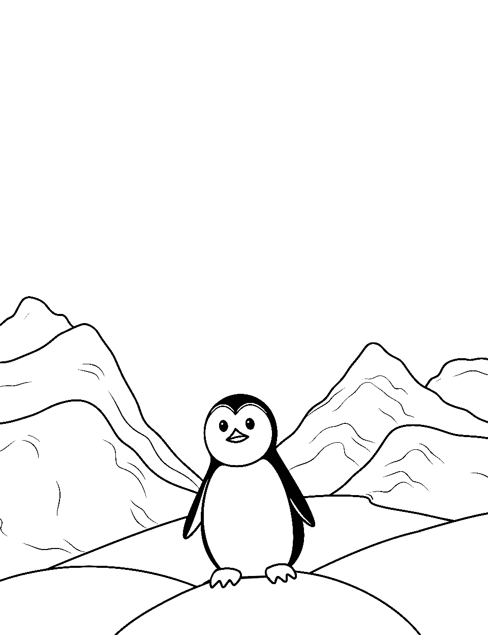 Wintry Penguin Landscape Coloring Page - A penguin on a snowy hill with glee.