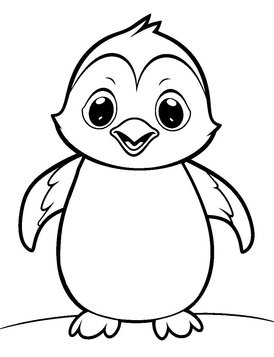 Kawaii Penguin Delight Coloring Page - An adorable kawaii penguin with exaggerated cute features and a smile.