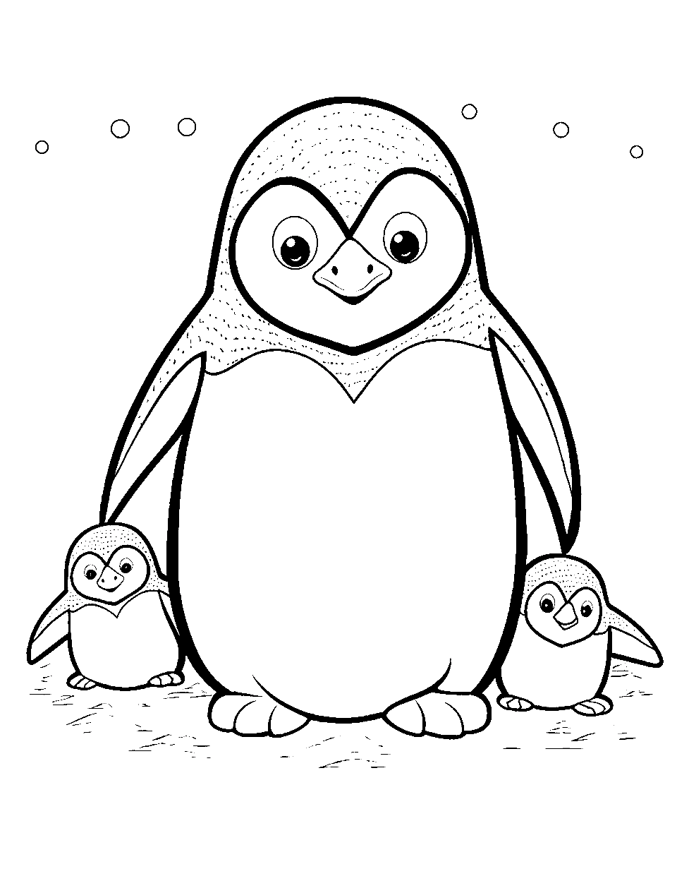 Loving Penguin Family Coloring Page - Two penguins and their parent close together in a loving scene.