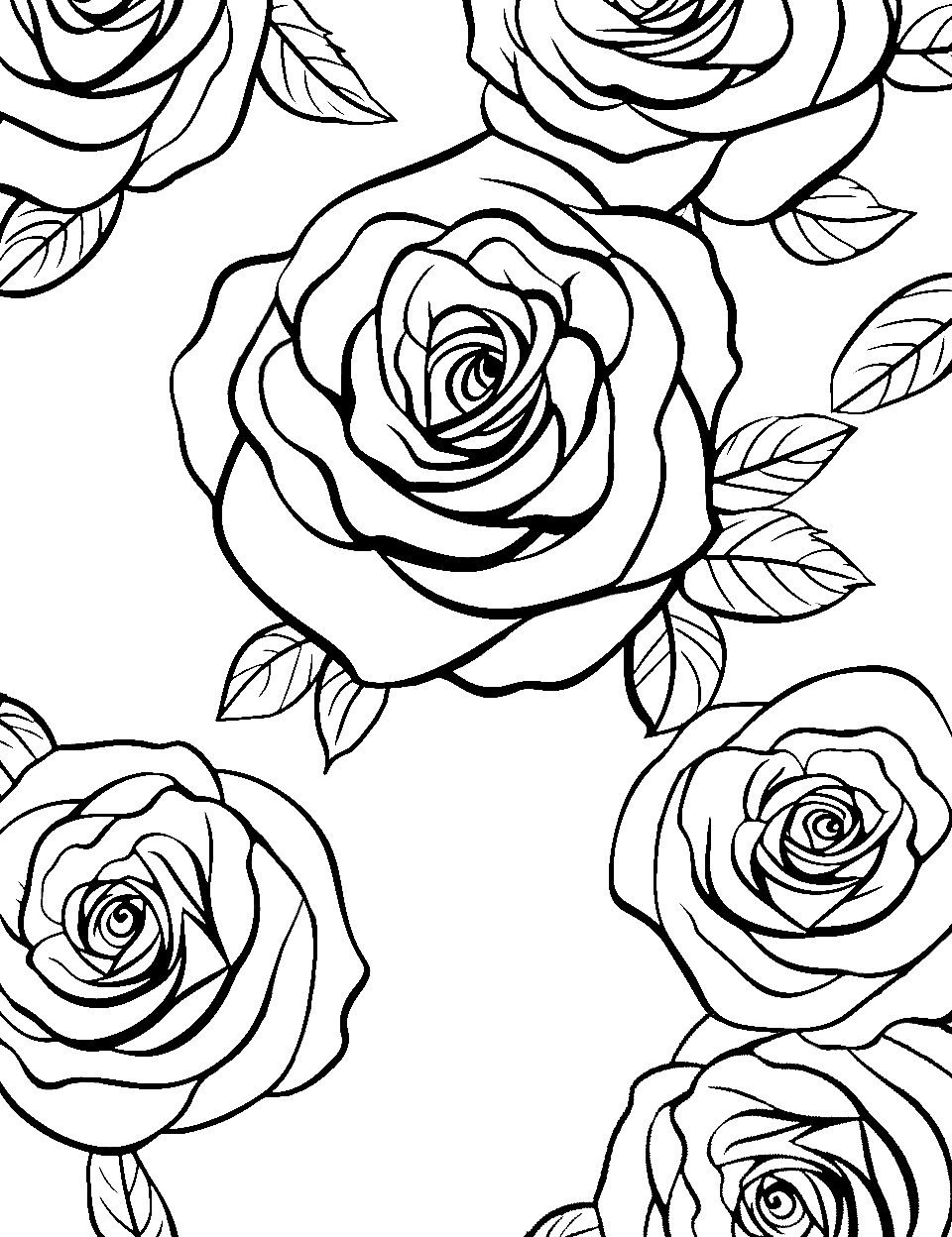 Floral Pattern with Roses Rose Coloring Page - A repetitive pattern of big roses.