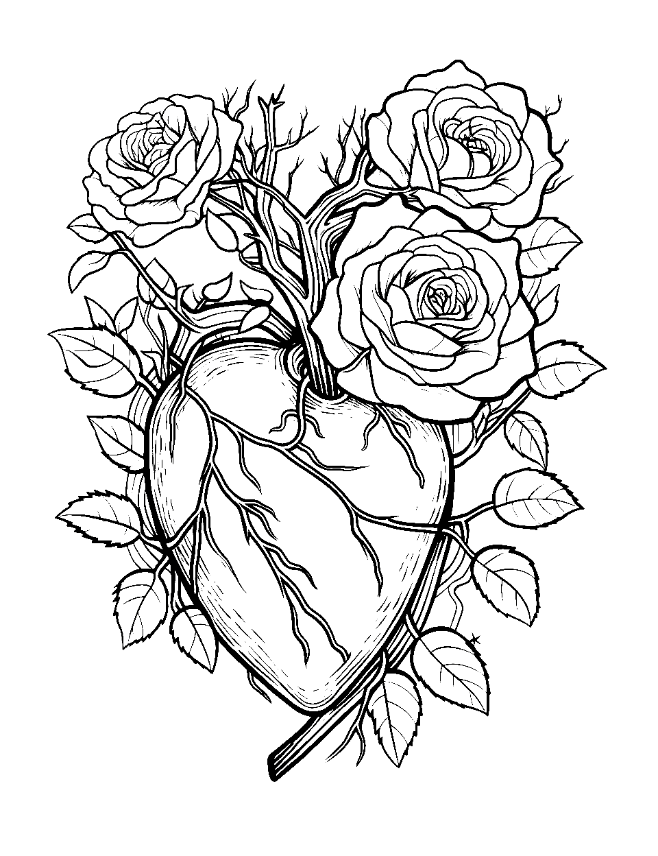 Broken Heart Mended by Roses Coloring Page - A heart with roses growing through the crevice symbolizing healing through nature.