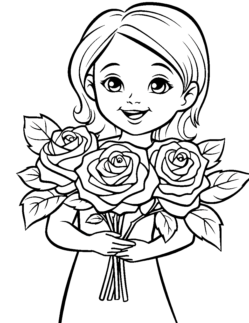 Girl Holding a Rose Bouquet Coloring Page - A young girl gently holding a bouquet of fresh roses, smiling softly.