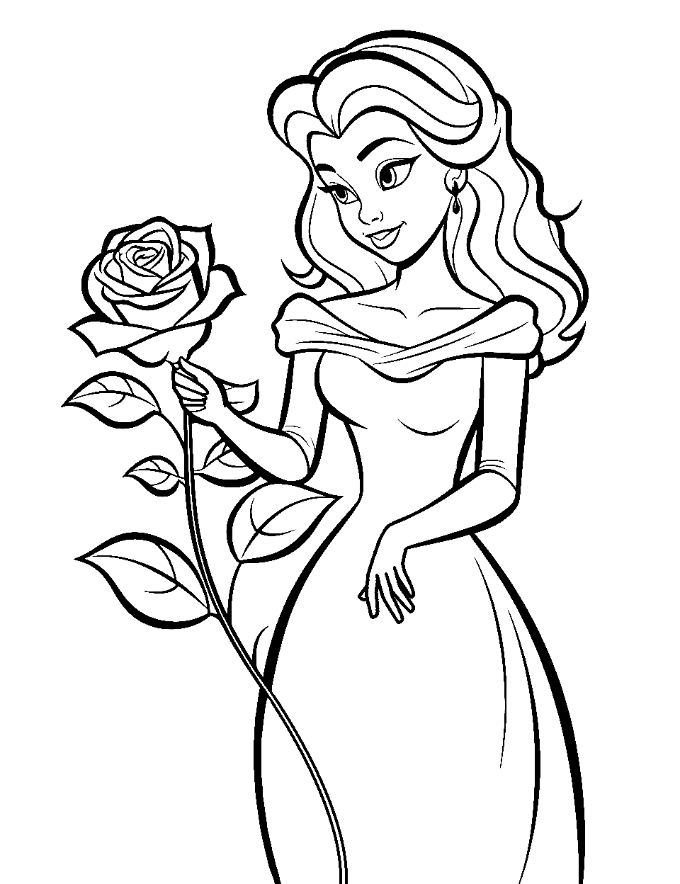 Disney Princess with a Rose Coloring Page - A Disney princess tending her extensive magical blooming rose.