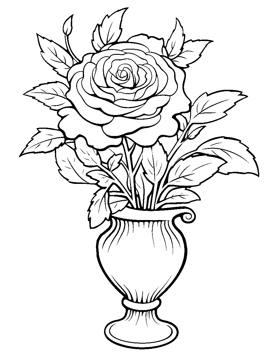 Rose in a Vase Coloring Page - A detailed depiction of a rose standing tall in an elegant vase.