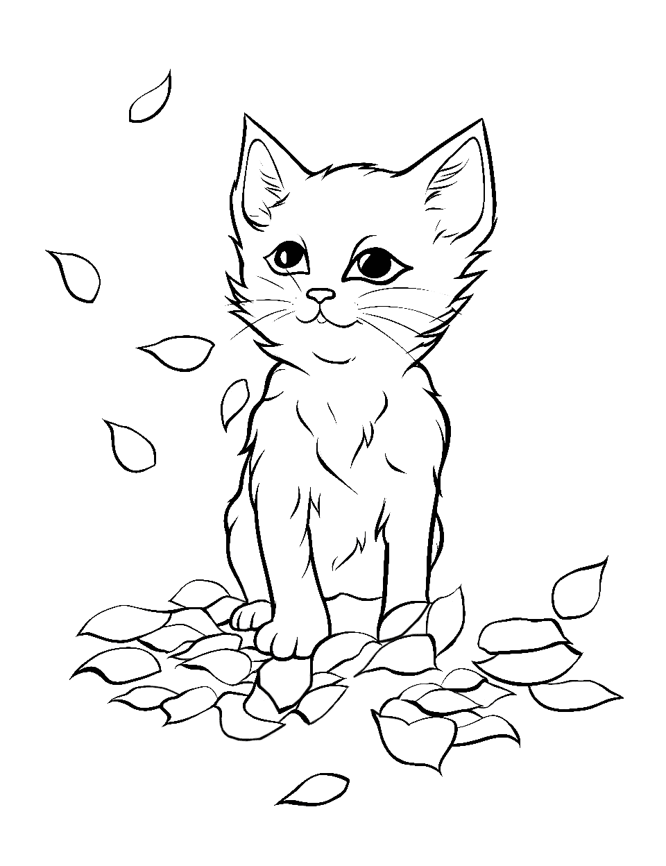 Kitten Playing with Petals Rose Coloring Page - A playful kitten batting at fallen rose petals, intrigued by their movement.