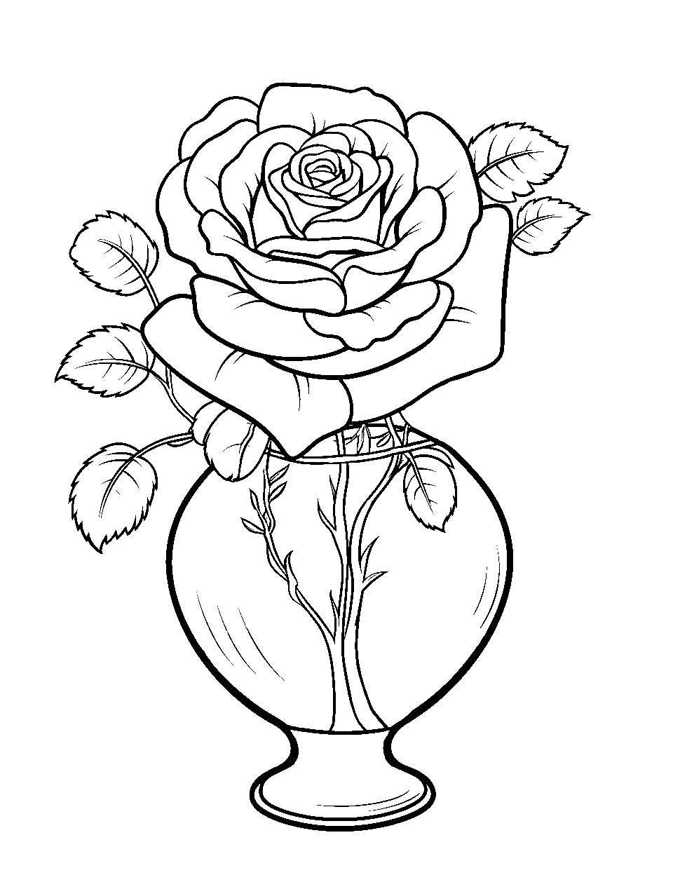 Rose in a Crystal Vase Coloring Page - A single rose placed in a crystal vase symbolizing simplicity and elegance.
