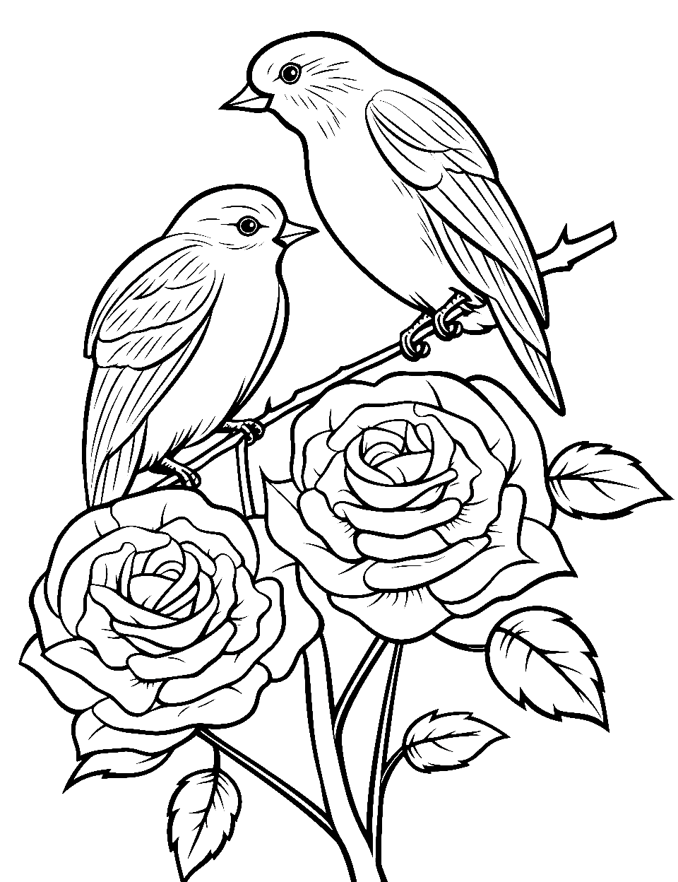 Lovebirds Perched on Rose Stem Coloring Page - Two lovebirds, sitting closely on a thorny rose stem, which represents love amidst difficulties.