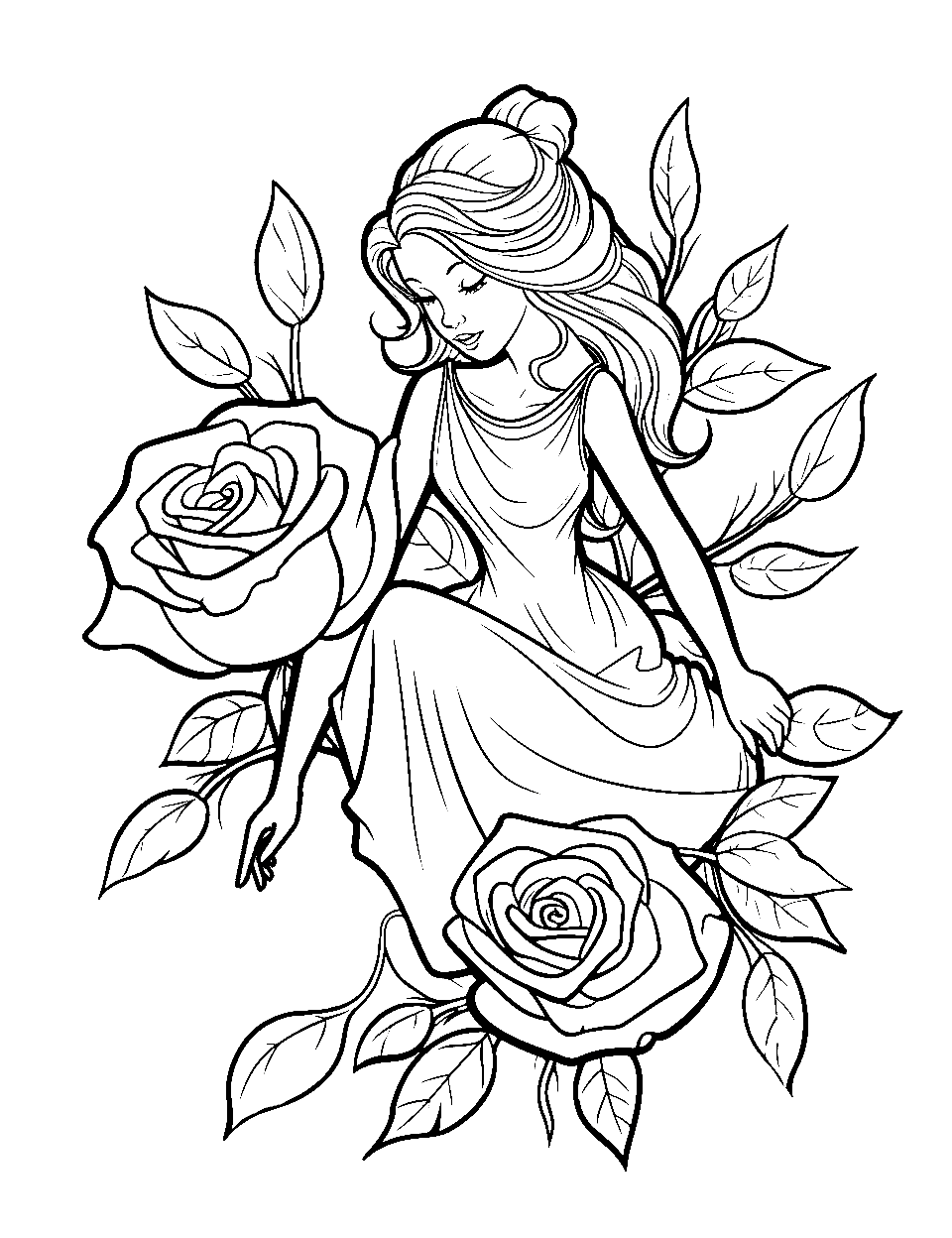 Fairy Resting on a Rose Garden Coloring Page - A dainty fairy taking a rest in a rose garden of blooming roses.