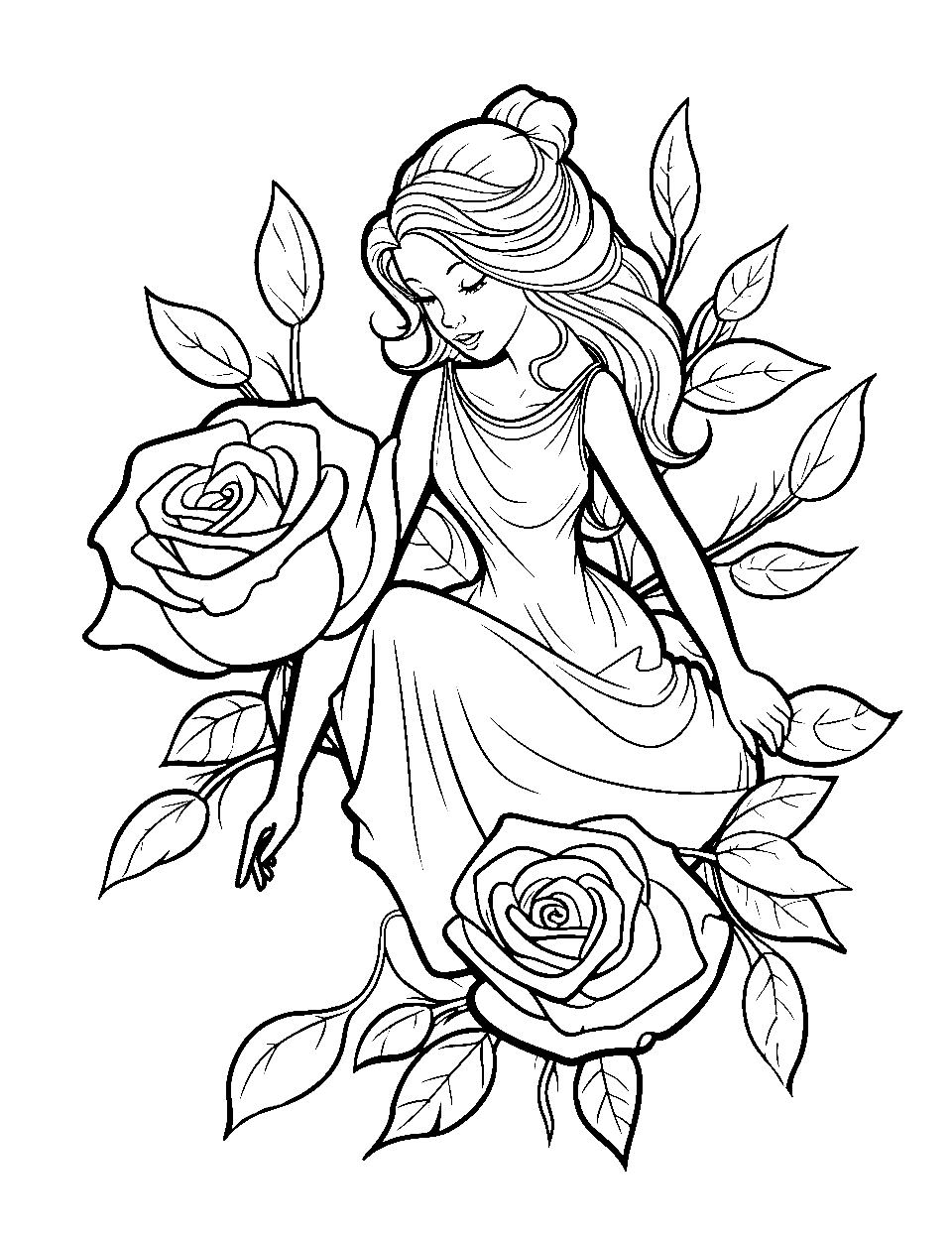 Fairy Resting on a Rose Garden Coloring Page - A dainty fairy taking a rest in a garden of blooming roses.