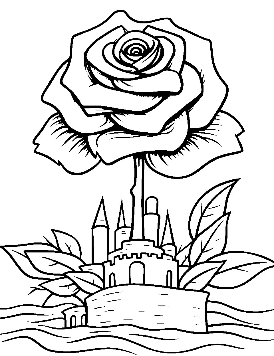 Rose in a Sandcastle Coloring Page - A single rose is placed atop a simple and small kid-made sandcastle.