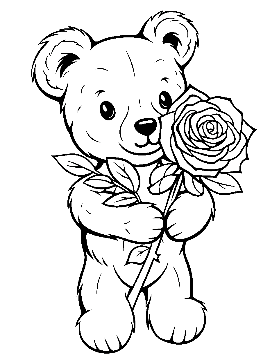 Teddy Bear Clutching a Rose Coloring Page - A fluffy teddy bear holding a rose close to its heart.