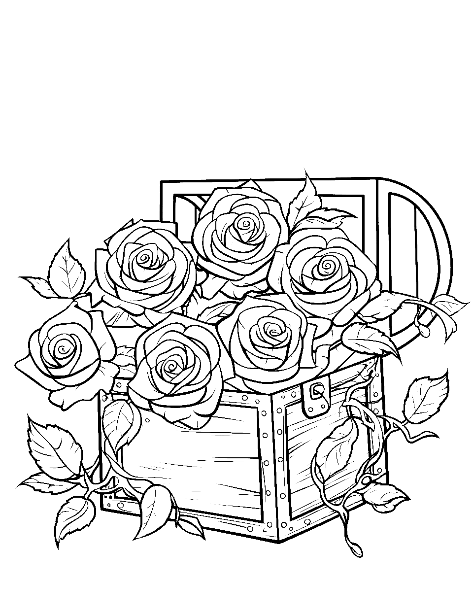 Treasure Chest with Roses Rose Coloring Page - An open treasure chest with roses spilling out of it.