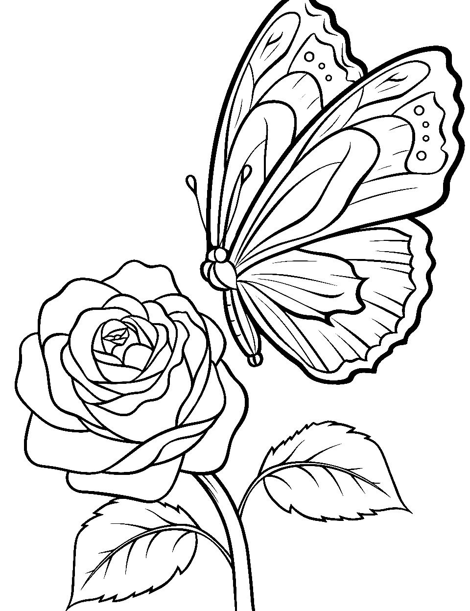 Butterfly Landing on a Petal Coloring Page - A delicate butterfly hovering over a lush rose petal.