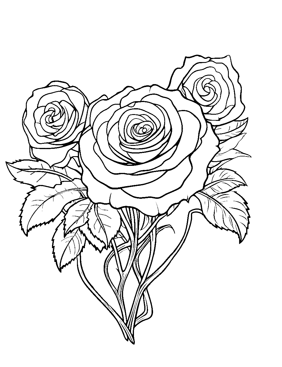Heart Shaped Roses Coloring Page - Heart-shaped roses with a protective barrier of intertwining vines.