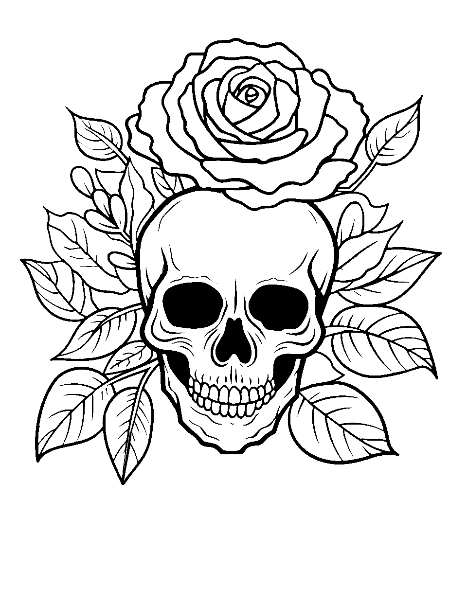 Skull Adorned with Roses Coloring Page - A peaceful skull with a solitary rose draped around it.