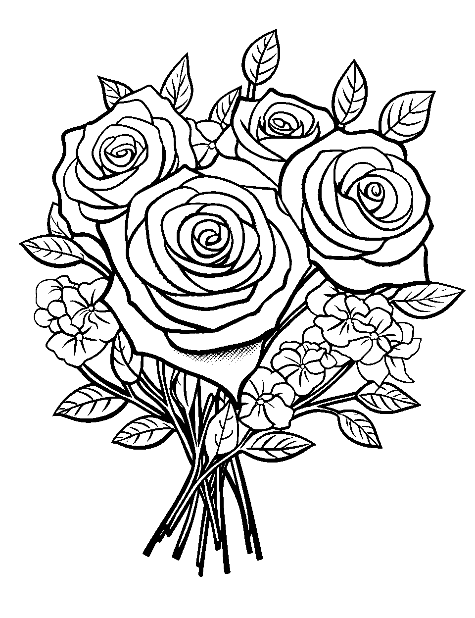 Detailed Rose Bouquet Coloring Page - A detailed bouquet featuring roses of various sizes and states of bloom.
