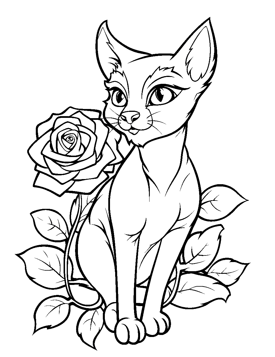 Cool Cat Beside a Rose Coloring Page - A cool-looking cat lounging next to a rose.